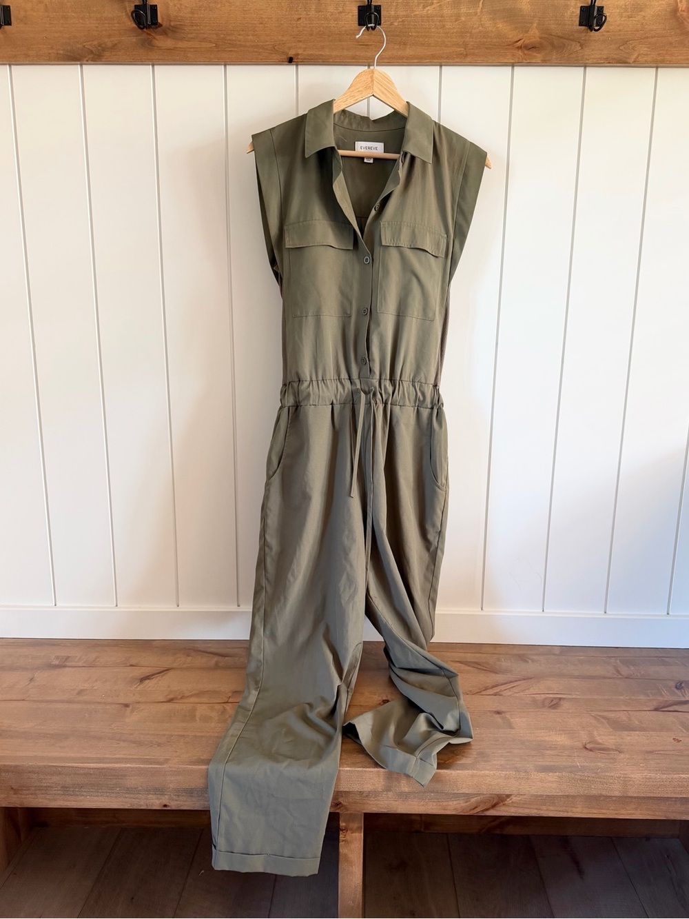 Evereve Olive Sleeveless Utility Jumpsuit with Drawstring Waist